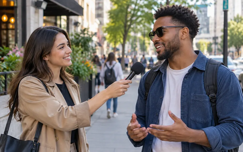 Ein Interviewer hält ein Mikrofon zu einer Person auf einem Stadtbürgersteig.
