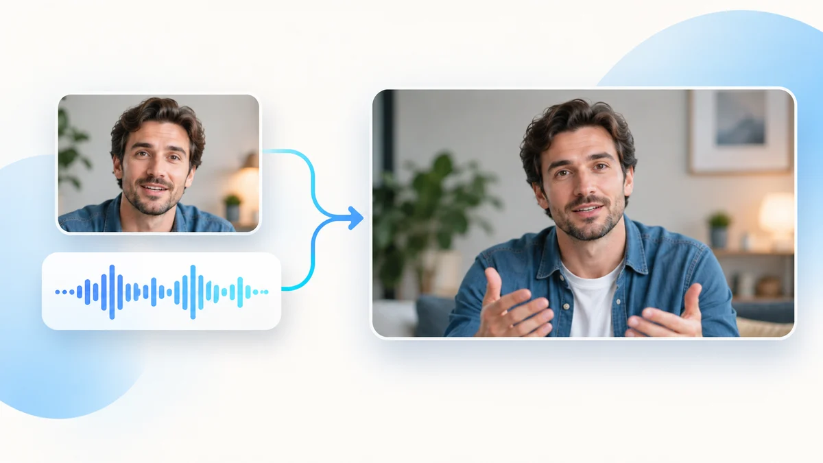 AI-generated conceptual illustration of a portrait video and an audio waveform combining into a new video; not a processing result.
