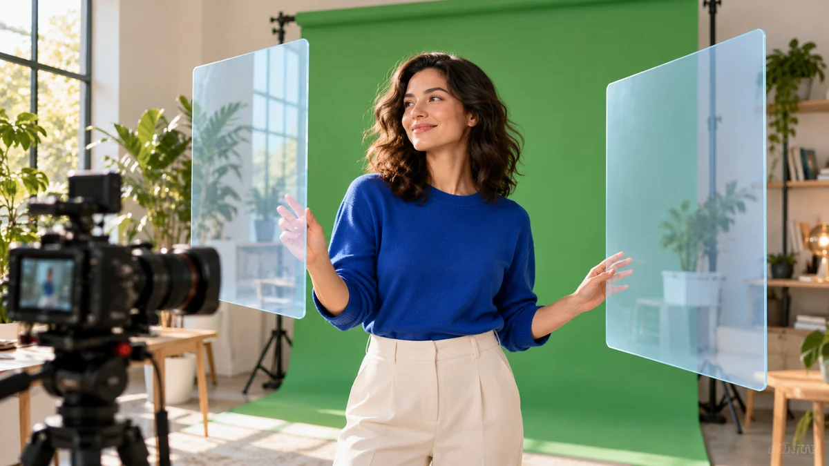 AI-generated concept illustration of a presenter in a bright studio with a green backdrop and translucent framing panels.