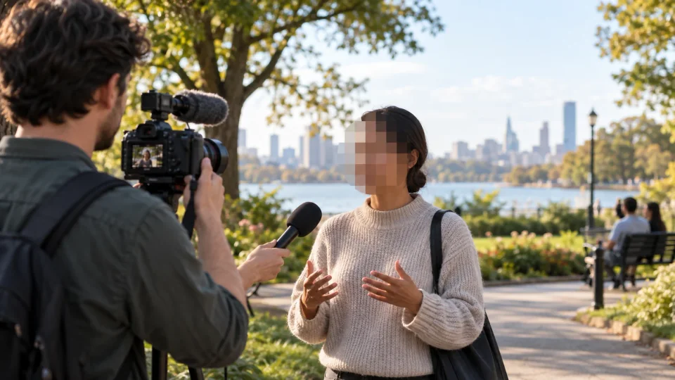 Ein Interviewthema mit einem pixeligen Gesicht, das in einem Park gefilmt wird.
