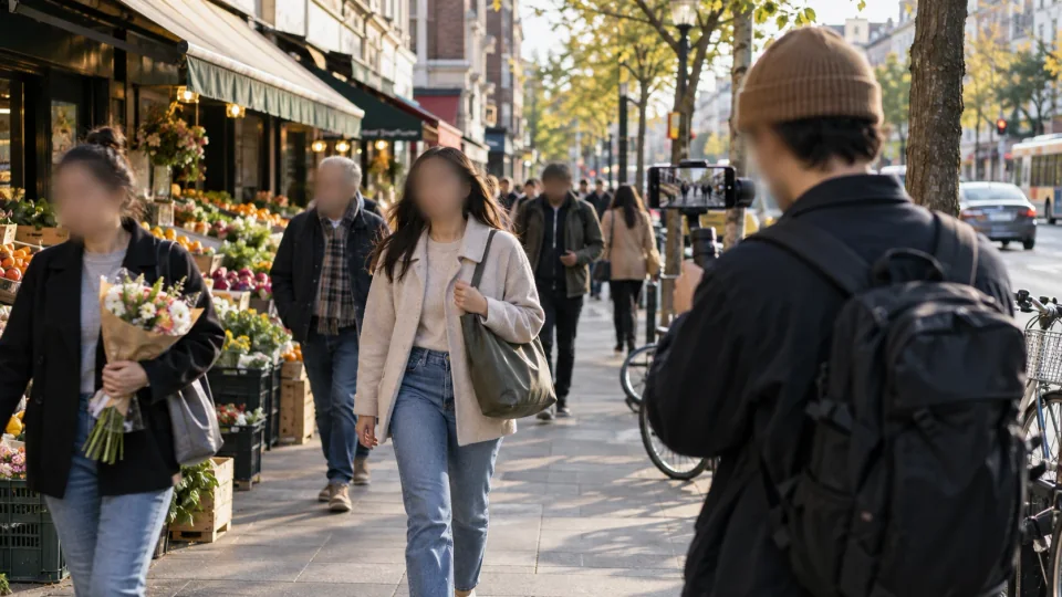 Eine Person filmt Fußgänger mit verschwommenen Gesichtern in einer Einkaufsstraße.