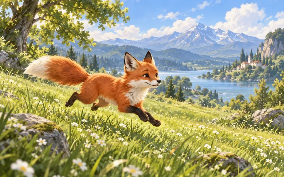 Ein illustrierter Fuchs läuft durch eine Wiese über einem Bergsee.