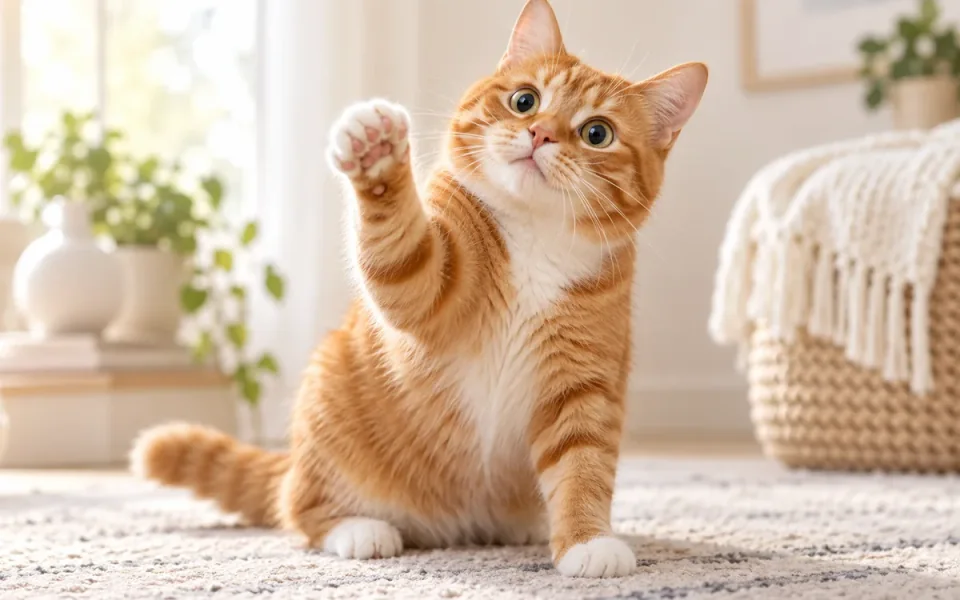 Eine orangefarbene Tabby-Katze sitzt auf einem Teppich mit einer erhobenen Pfote.