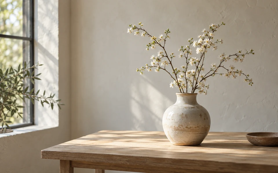 A handmade ceramic vase with flowering branches on a sunlit table.