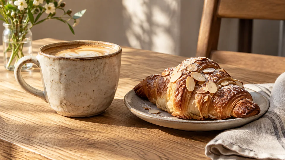 Eine keramische Tasse Kaffee und ein Mandelcroissant auf einem Holztisch.
