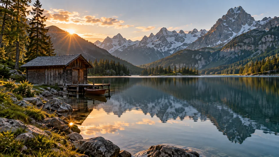 Eine Holzhütte neben einem See spiegelt verschneite Berge bei Sonnenuntergang.
