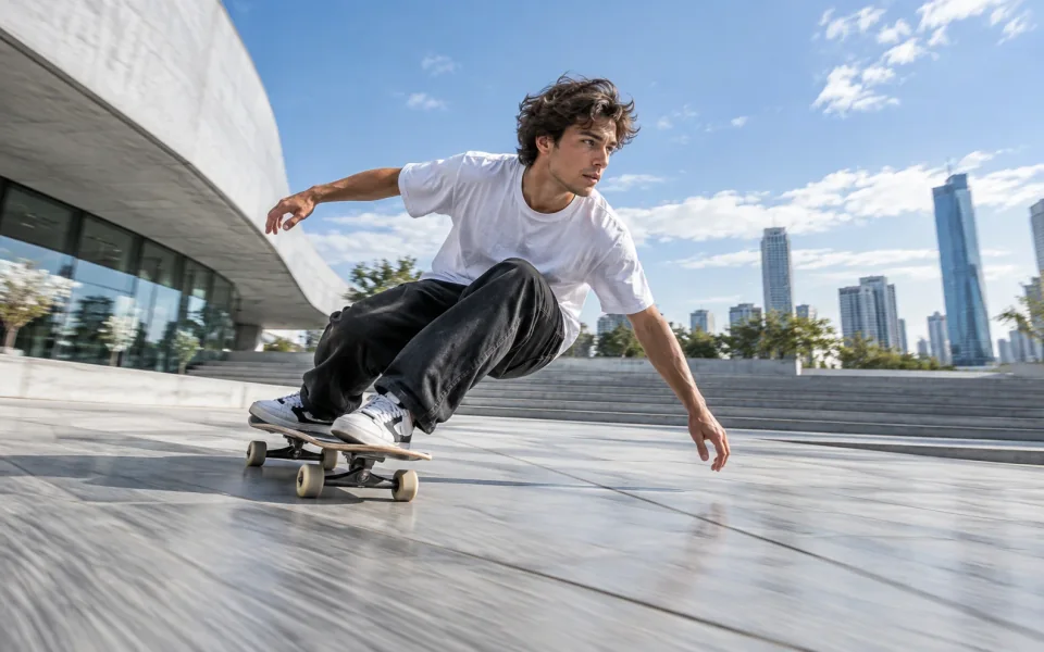 Ein Skateboarder hockt sich auf einem Stadtplatz in eine Kurve.