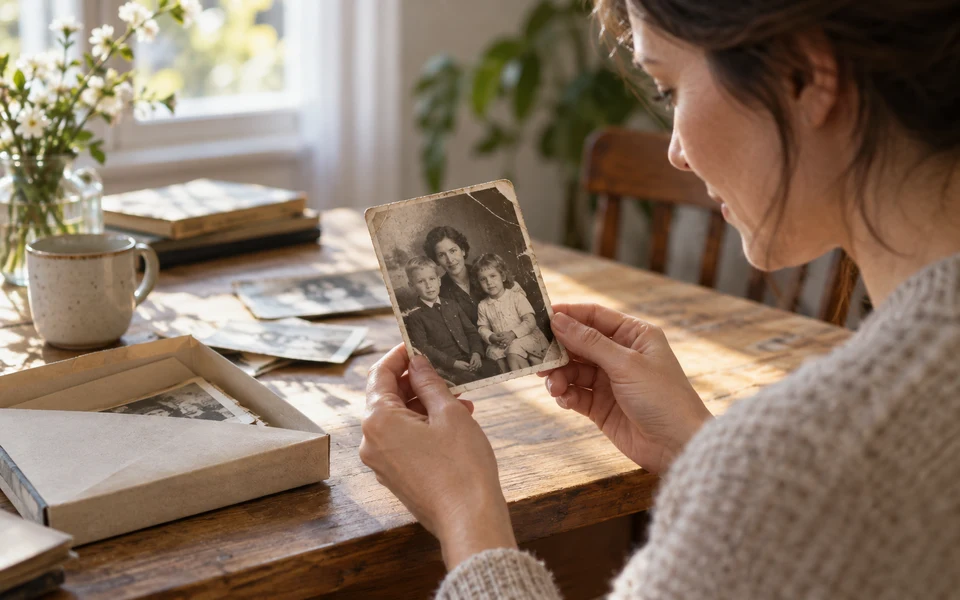 Žena drží opotřebovanou černobílou rodinnou fotografii vedle krabice snímků.