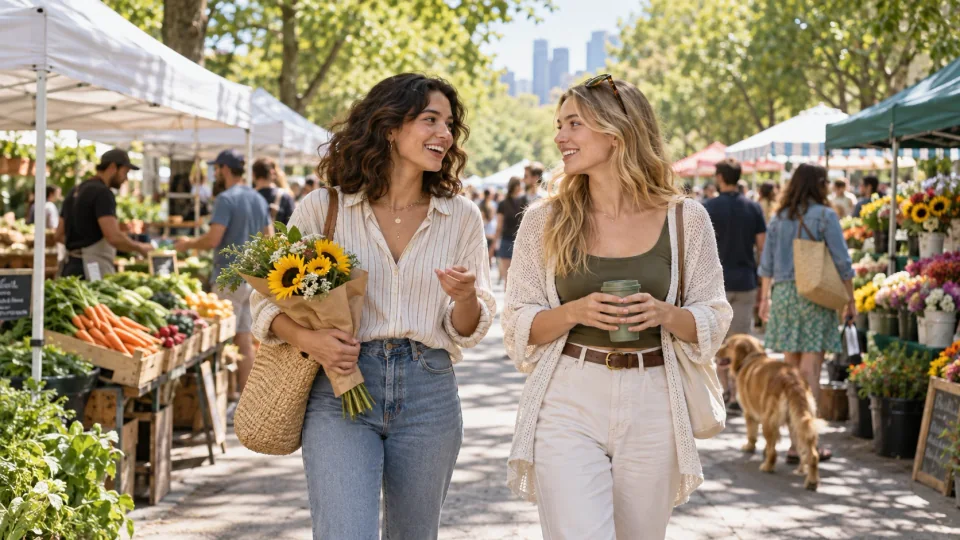 Zwei Freunde spazieren durch einen Outdoor-Markt mit Blumen und Kaffee.