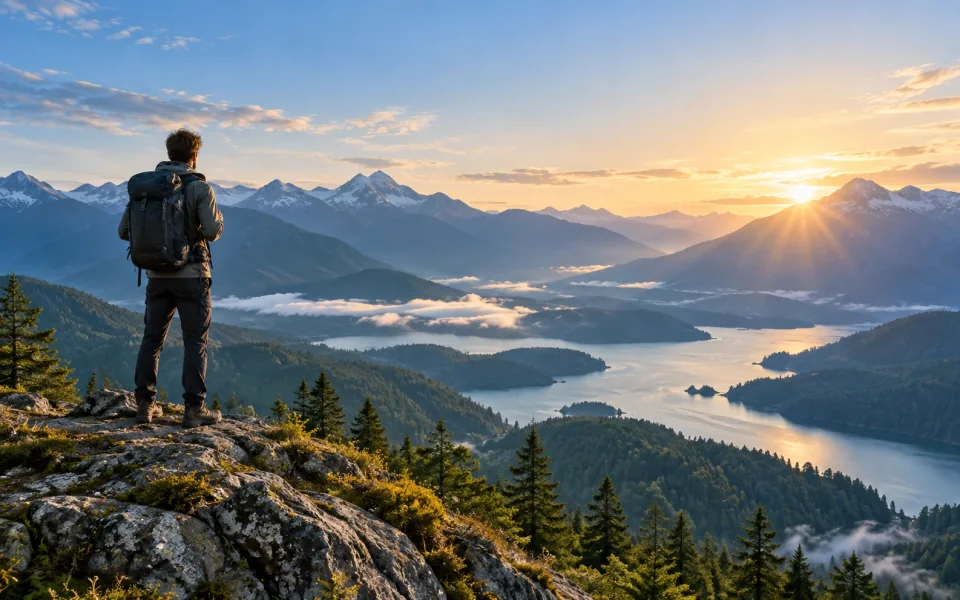 Ein Wanderer, der bei Sonnenaufgang von einem felsigen Gipfel über einen Bergsee blickt.