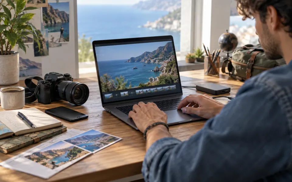 Ein Schöpfer, der Küstenaufnahmen auf einem Laptop neben einer Kamera bearbeitet.