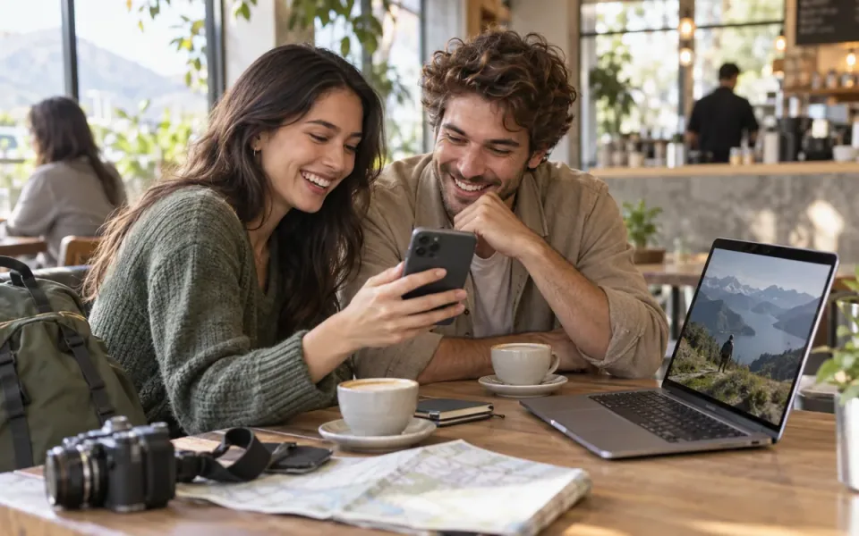 Zwei Personen, die ein Telefon neben einem Laptop und einer Kamera in einem Café betrachten.