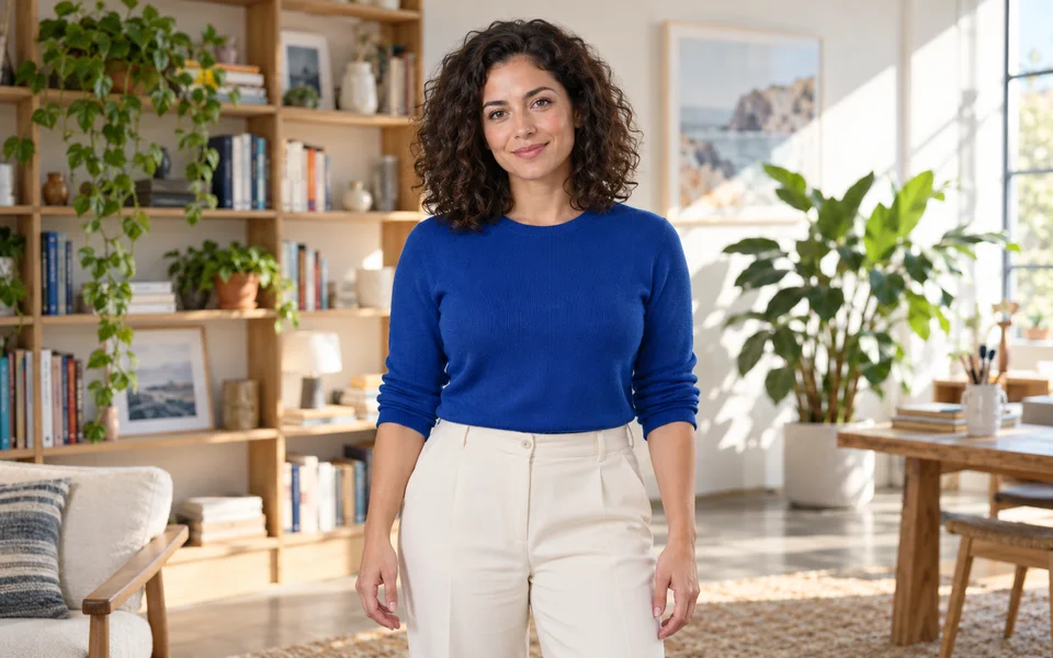 Woman in a blue sweater in a sunlit room with shelves and plants.