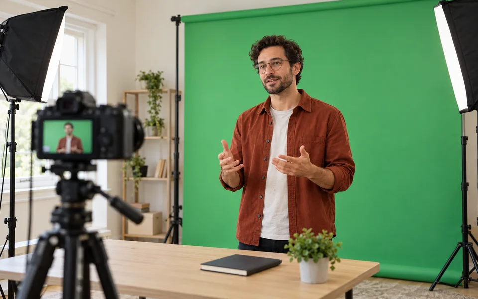 Presenter filming in front of a green screen with a camera and studio lights.