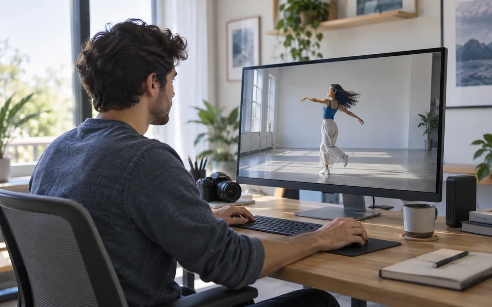 Eine Person prüft einen Tanzclip auf einem Monitor an einem hellen Schnittplatz.