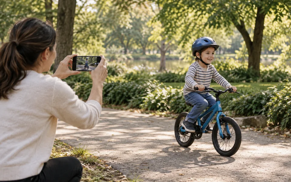 Ein Elternteil filmt ein Fahrrad fahrendes Kind in einem grünen Park.
