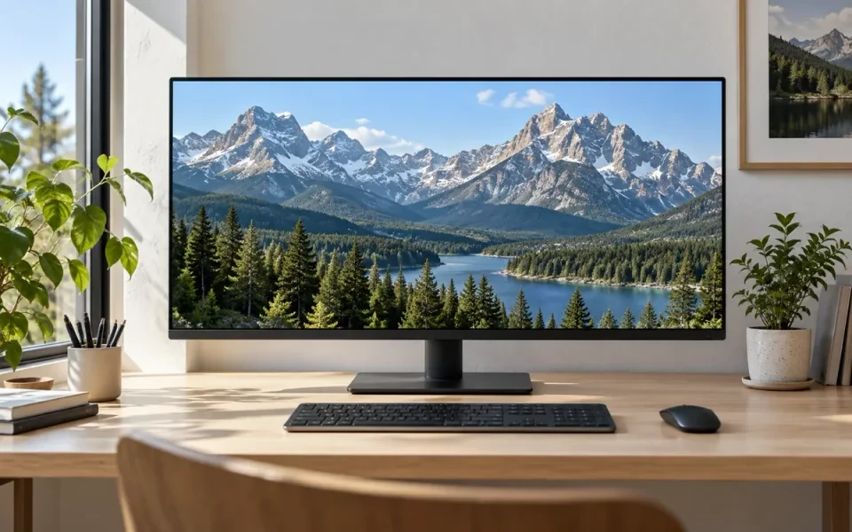 Ein Desktop-Monitor mit einem Bergsee, der von Wald umgeben ist.