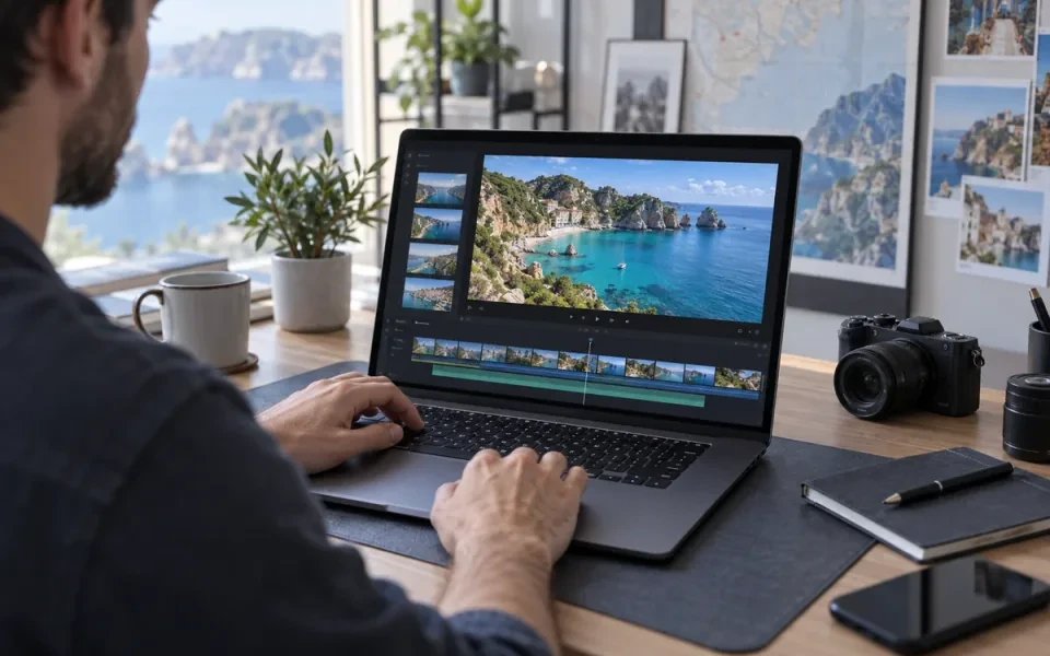 Ein Schöpfer, der Küstenaufnahmen auf einem Laptop neben einer Kamera bearbeitet.