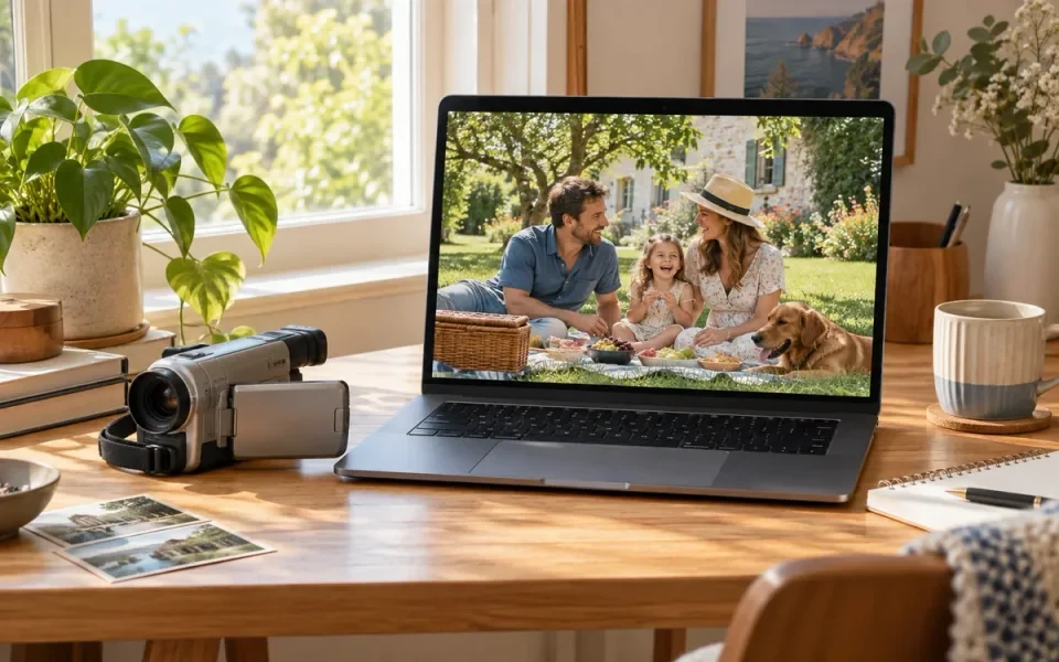 Ein Laptop zeigt ein Familienpicknick mit einem Camcorder und gedruckten Fotos daneben.