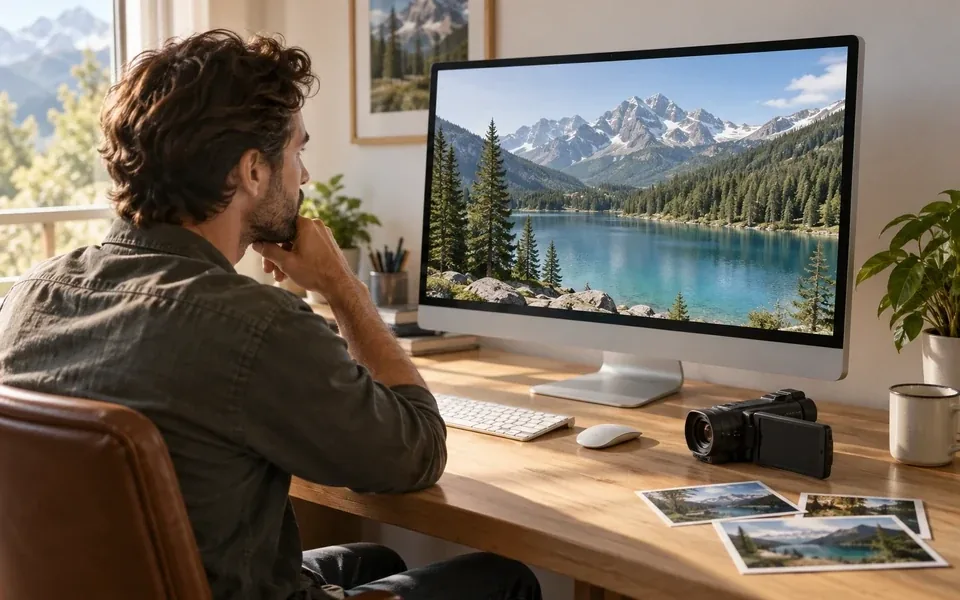 Ein Reisender überprüft Bergaufnahmen auf einem Desktop-Monitor neben einem Camcorder.