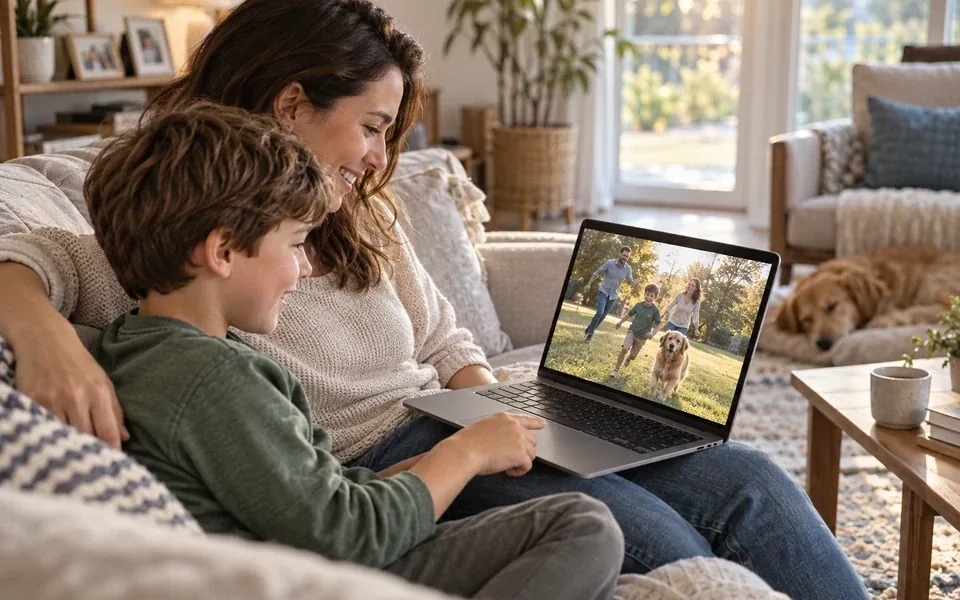 Ein Elternteil und ein Kind schauen sich ein Familienvideo auf einem Laptop zu Hause an.