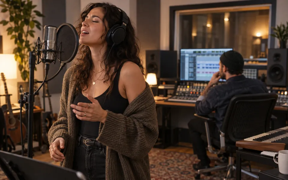 Ein Sänger nimmt Gesang in einem Musikstudio auf, während ein Produzent zuhört.