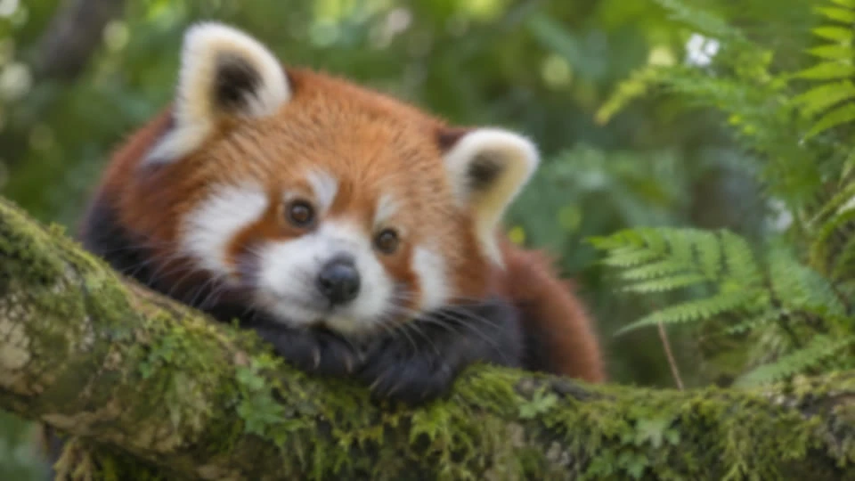 Unscharfer roter Panda auf einem moosbewachsenen Ast.