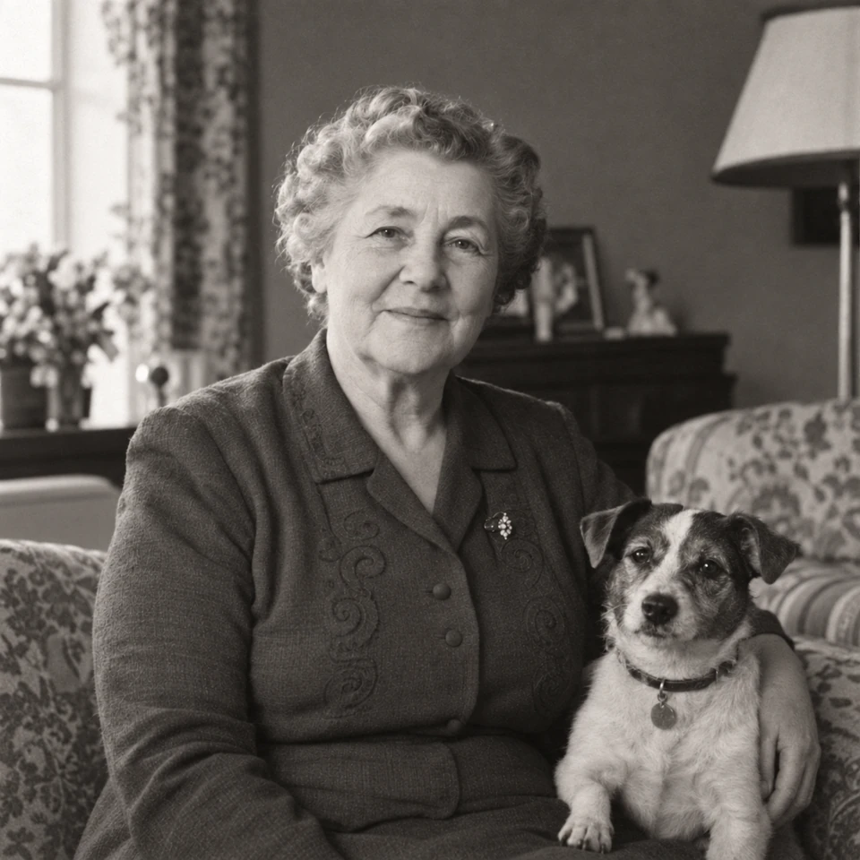 Restaurierungsbeispiel: Foto der Frau mit Hund ohne die Kratzer.