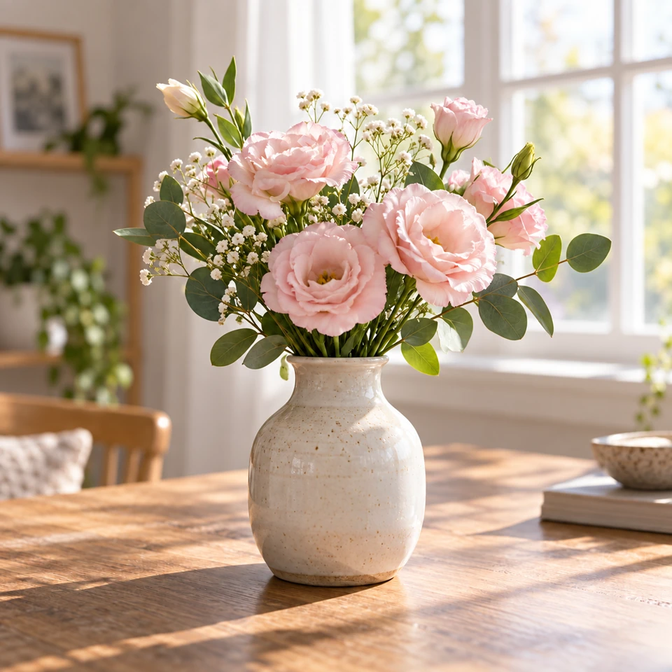 Bereinigungsbeispiel: Vase mit rosa Blumen ohne die Wasserzeichen.