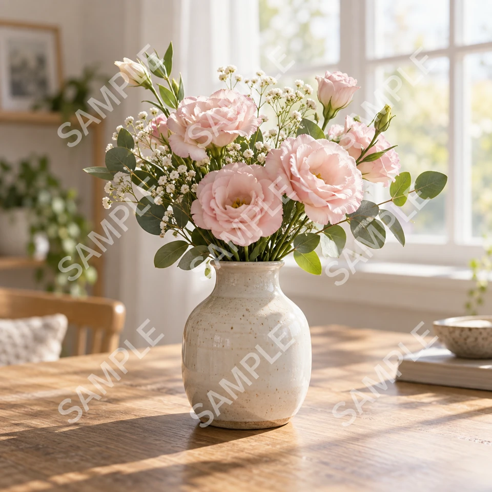 Vase mit rosa Blumen und wiederholten SAMPLE-Wasserzeichen.